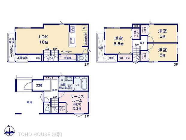 3号棟【間取り図】LDK18帖パントリー付き　　広々とした玄関ホールが印象的