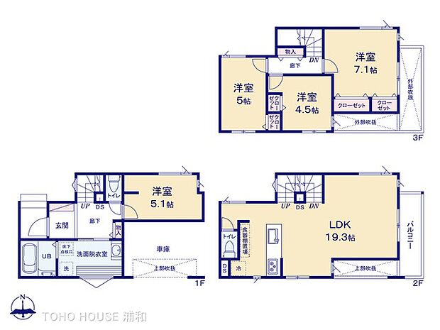 1号棟【間取り図】LDK19.3帖＋4洋室　洗面室にはランドリースペースがついています