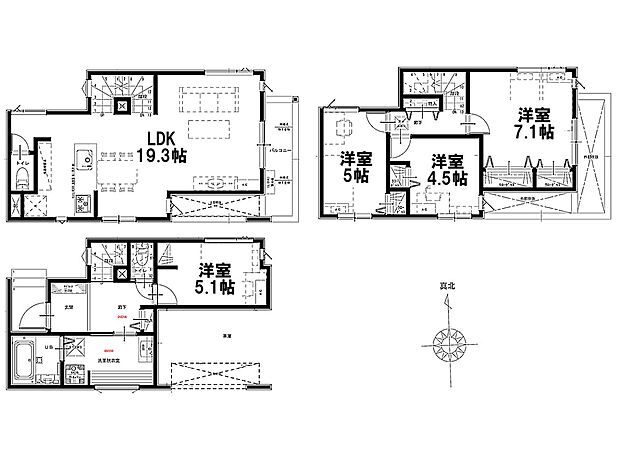 1号棟【間取り図】LDK19.3帖+4洋室 洗面室にはランドリースペースがついています