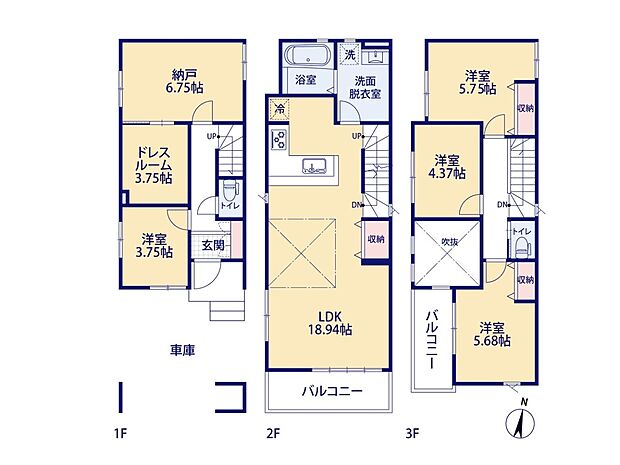 1号棟【間取り】LDK18.94帖/洋室A5.68帖/洋室B4.37帖/洋室C5.75帖/洋室D3.75帖/納戸6.75帖