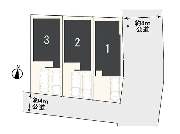 【区画図】南公道4m・東公道8m(歩道あり)日当良好!整形地 各30坪