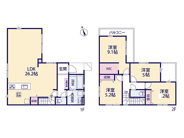 2号棟【間取り】LDK26.2帖/洋室9.1帖/洋室5.2帖/洋室5.2帖/洋室5帖