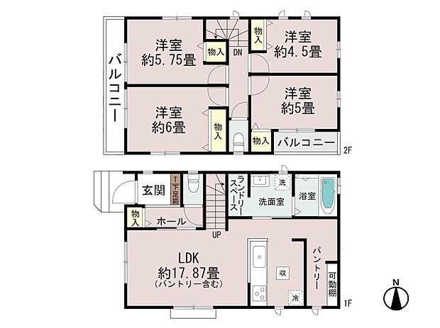 【間取】ゆとりの17.87帖のLDKにパントリーや大型ランドリースペースが魅力の間取りです。