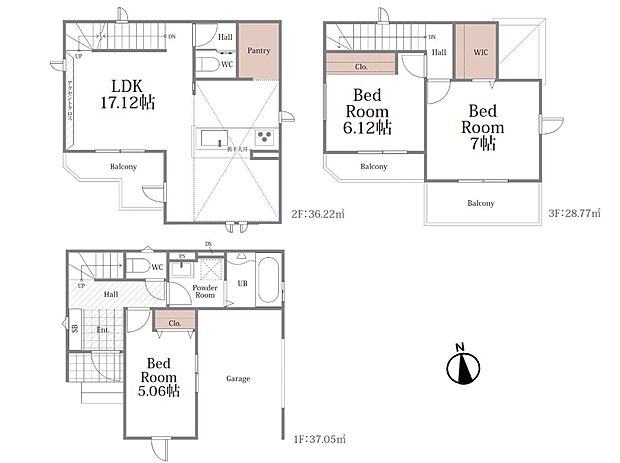 【間取】土地面積65.72m2 LDK17.12帖 主寝室7帖+WIC