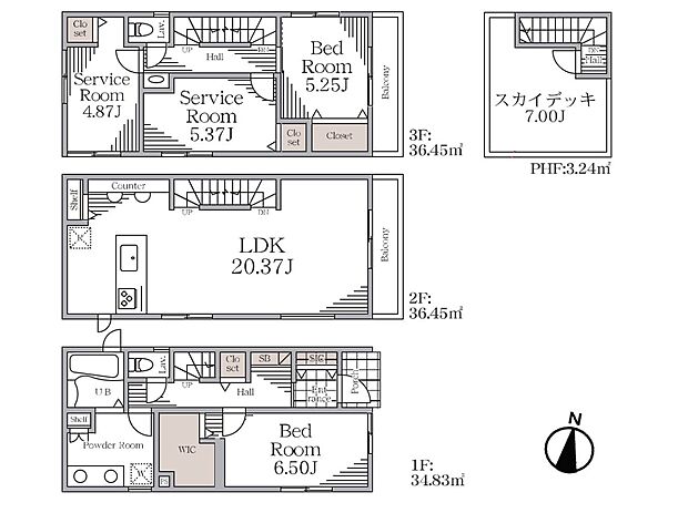 1号棟【間取り】LDK20.37帖/洋室6.5帖/洋室5.37帖/洋室5.25帖/洋室4.87帖/スカイデッキ7帖