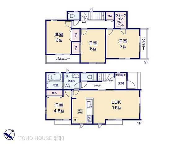 A号棟【間取り図】1階LDK15帖、洋室4.5帖、2階洋室7帖・6帖・6帖