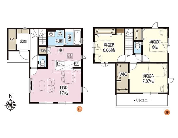【間取図】南向きの3LDK+WIC+SICの収納力のある1棟