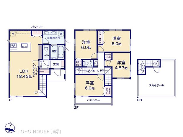 【間取り図】LDK18.43帖、洋室6帖・6帖・6帖、スカイデッキ