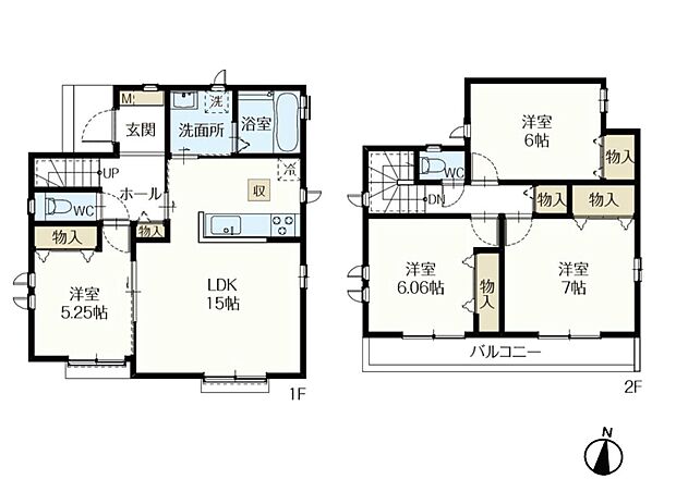 【B号棟 間取りプラン】LDK15帖+洋室5.25帖・南向き2ヵ所の大型窓のある1階フロア・2階3部屋6帖以上、主寝室7帖