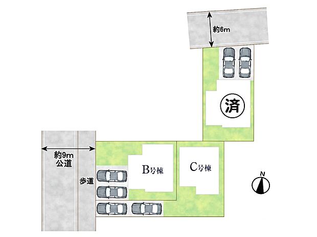 【区画図】整形地 B号棟・南庭のC号棟(敷地延長)・各棟 駐車2台・歩道のある公道9mに接道