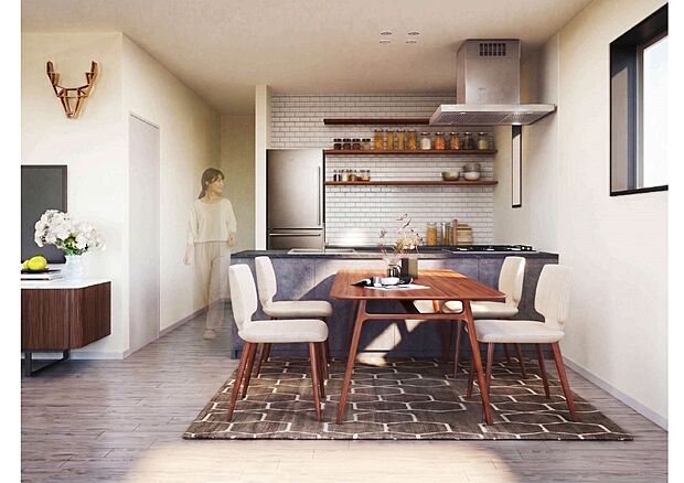 【建物参考プラン(内観)】タカラスタンダード製のペニンシュラキッチンを参考プランに入れています。カラーの選択次第では雰囲気も大きく変わります。