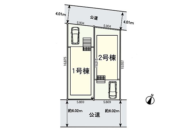【区画図】南北に公道、南6mの日当たり良好な整形地の2棟・穏やかな住環境