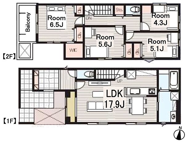 1号棟【間取り図】1階LDK17.9帖、2階洋室6.5帖・5.6帖・5.1帖・4.3帖