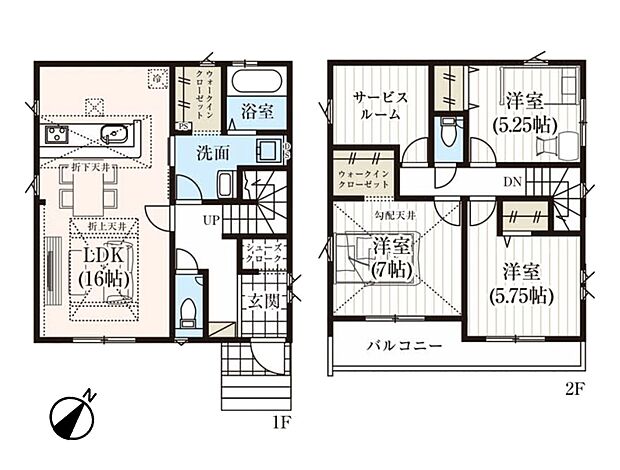 【間取り図】1階LDK16帖、2階洋室7帖・5.75帖・5.25帖+サービスルーム