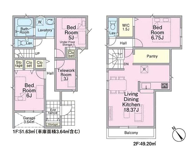 【2号棟間取図】2階リビングで日当たり良好。余裕のあるパントリーも