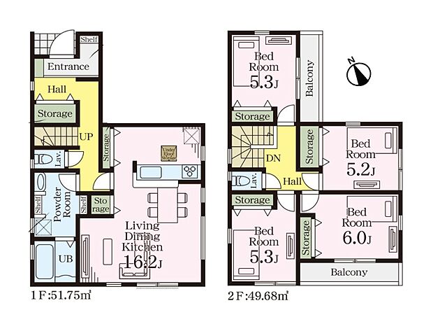 【間取り図】1階LDK16.2帖、2階洋室6帖・5.3帖・5.3帖・5.2帖