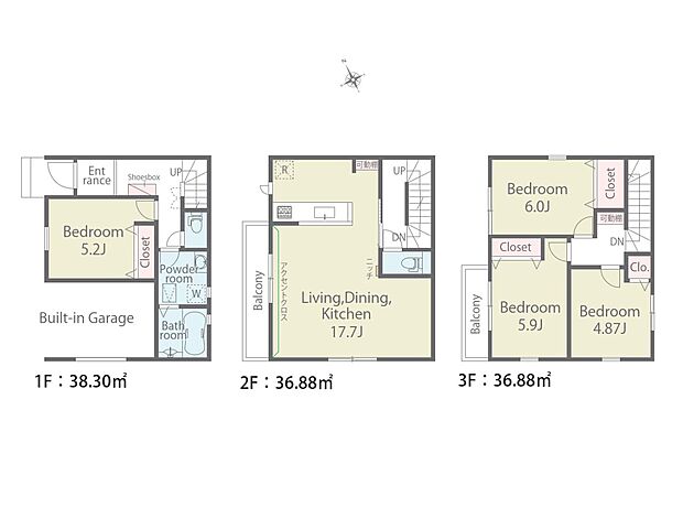 【間取り図】土地面積65.68m2　建物面積112.06m2