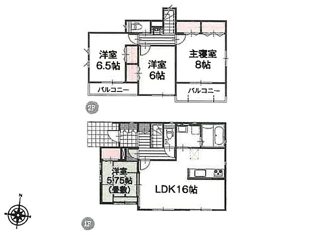【間取り】LDK16帖/洋室8帖/洋室6.5帖/洋室6帖/和室5.75帖