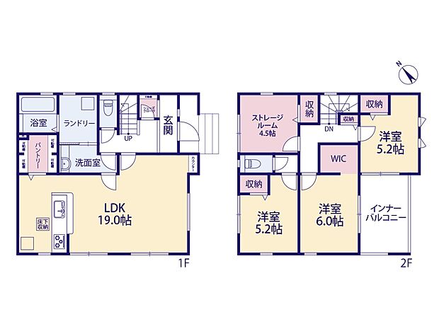 【間取り図】1階LDK19帖、2階洋室6帖・5.2帖・5.2帖、納戸4.5帖