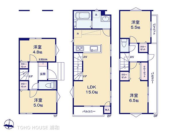 1号棟【間取り図】LDK15.0帖 水回り集約プラン・対面キッチン・主寝室クローゼット