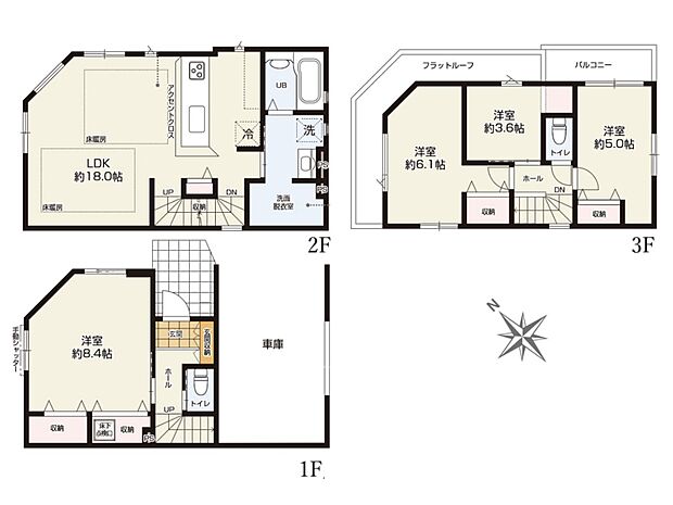【間取り図】1階洋室8.4帖、2階LDK18帖、3階洋室6.1帖・5帖・3.6帖