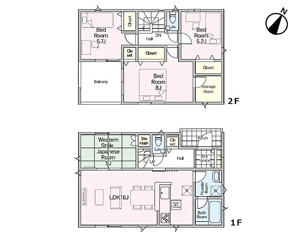 2号棟【間取り図】LDK16帖　リビング隣室に和室あり　周りを見渡しやすいカウンターキッチン
