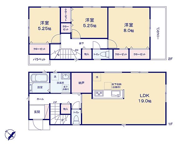 3号棟【間取り】LDK19.0帖/洋室8.0帖/洋室5.25帖/洋室5.25帖