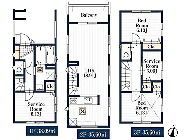 2号棟【間取図】LDK18.91帖/洋室6.13帖/洋室6.13帖/納戸6.13帖/納戸3.06帖
