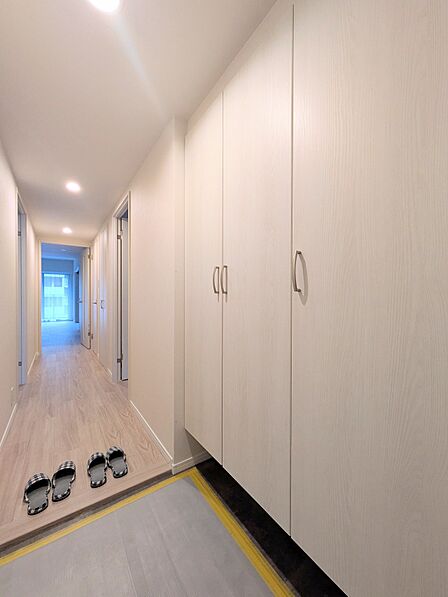 〈玄関〉上質感漂う玄関。居住者の帰り、訪れる方を優しく迎える・安らぎに満ちた生活空間を予感させる。健やかな暮らしを楽しめそう。