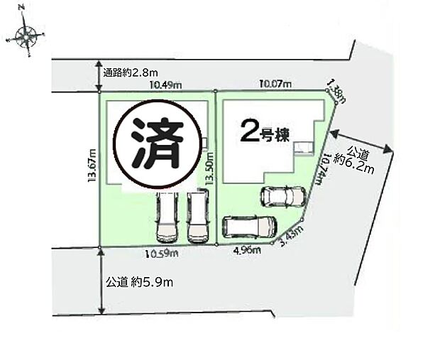 【区画図】東南「角地」・北側通路、3方角地の開放的な立地・各、公道約6m