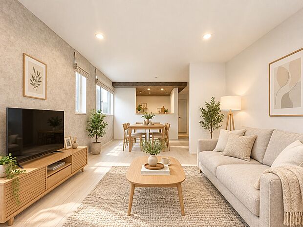 【リビングダイニング】シンプルなデザインの家は風情がある。住む人のこだわりを感じる。外観も内装もいたってシンプル。居心地がよく、家事や趣味、子育てなどにも集中できる。家も人間も熟成するほどシ…