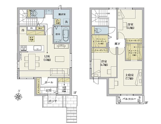 3号棟【間取り図】3LDK+玄関土間収納+物入+床下収納+ファミリークローゼット+WIC LDK15帖