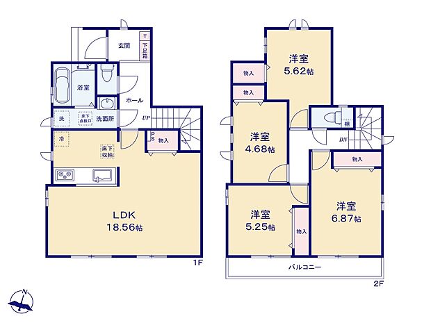 【間取り】18.56帖の広々としたリビングが魅力的な間取りです。
