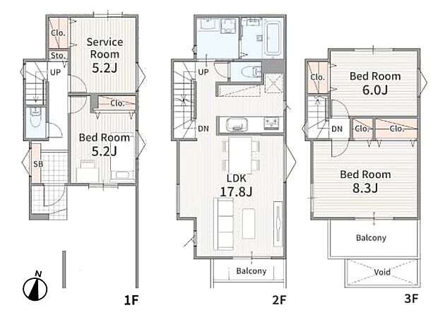 【間取り図】1階洋室5.2帖、納戸5.2帖、2階LDK17.8帖、3階8.3帖・6帖