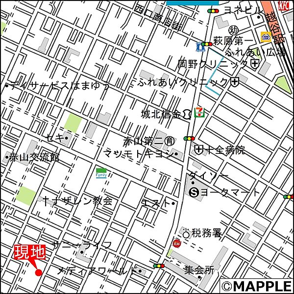 カーナビは「越谷市赤山町3-221-1」とご入力ください。