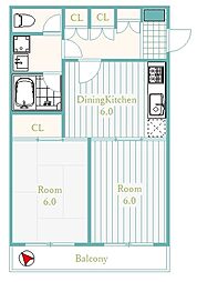 パークハイム武蔵境 2階2DKの間取り