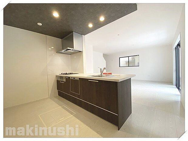 キッチンは人気のカウンターキッチン仕様!天井部分はダーク系のアクセントを採用しており高級感がございます。