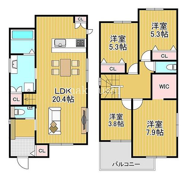 広々20帖のLDK!ゆとりある水回りの4LDK!主寝室にはウォークインクローゼット付き!設備充実!