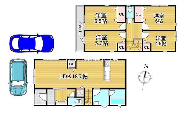 1号棟LDKはインテリアが映える広々18.7帖で収納付き♪使い勝手の良いキッチン隣接の水回りのお家♪