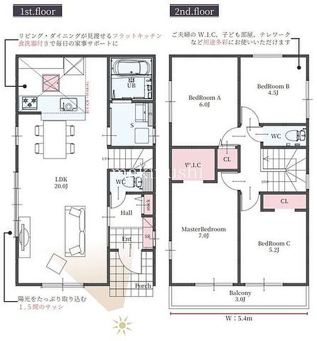 【1号棟】南西の角家で陽当たり・通風良好です♪陽当たりの良いゆったり20帖のLDK！家族団欒の空間♪1階リビング、2階は居室のみとプライベートスペースが確立された間取♪
