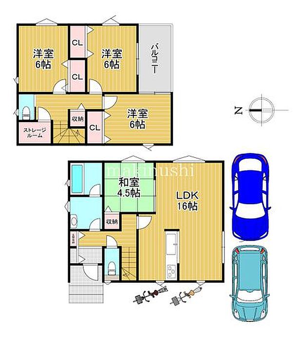 全居室収納付きに加え、2階には書斎やウォークインクローゼットなど自由に使えるストレージルーム付き♪駐車場は2台分ございます！
