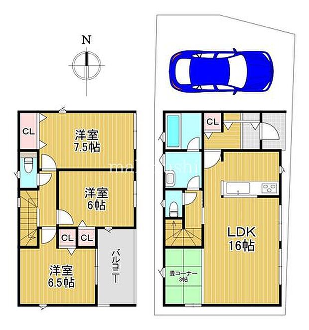 【3号棟】全居室6帖以上のゆとりある間取りの3LDK!主寝室は7.5帖あるので大きなベッドもおけます!朝日の差し込む東向きのお家♪