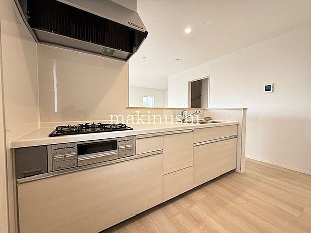 手入れのしやすいフラットなシステムキッチン!キッチン背面には冷蔵庫やカップボードを置けるスペースがあり、キッチン家電などを機能的にレイアウトできます♪