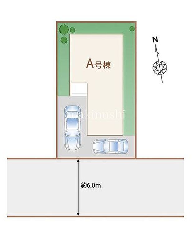 前面道路は幅員6mと広々!お車の運転が苦手な方でも出し入れしやすい広さ!駐車場は2台分のスペースあり♪