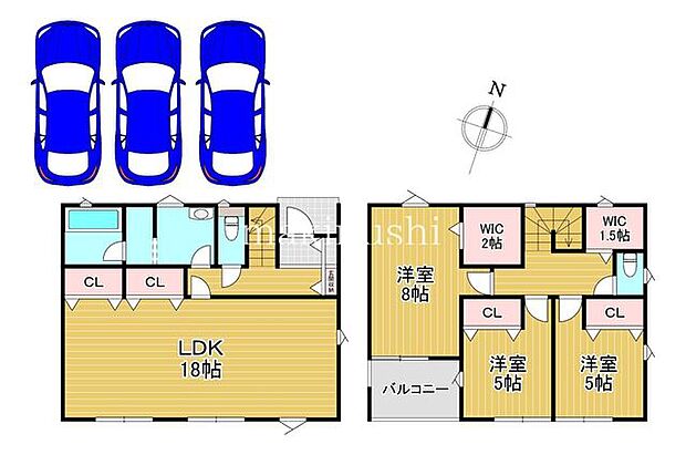 【2号棟】ＬＤＫは18帖と広々！たっぷり収納のお家でウォークインクローゼットは2ヶ所にあり！洗面と脱衣室が別になっているので入浴中でも気を遣わず手洗い場が使えます♪