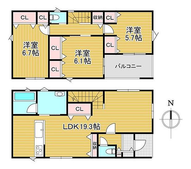 【3号棟】19.3帖の広々LDK！リビング階段で家族の動きのわかりやすい間取り！コミュニケーションがとりやすいお家です♪東西南の3方空き地で通風良好！