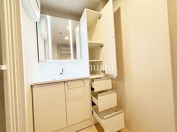大きな鏡の洗面化粧台！大きな洗面ボウルで身だしなみを整えたりメイクをするのにも便利です！収納付きで日常使いの化粧品やタオルやリネン類の整理整頓にも便利です！