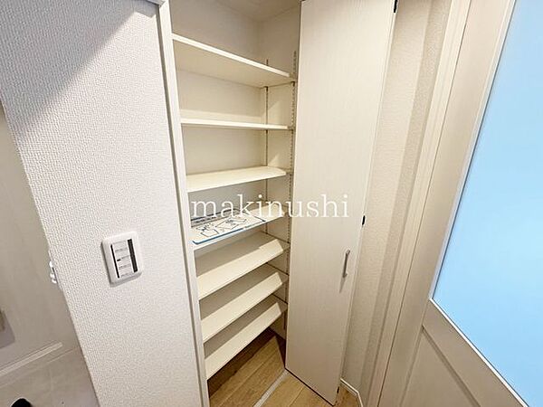 大型シューズＢＯＸ付きの玄関です。これだけの収納力があれば、ご家族4人でも十分ですね。私の家族ならもてあましそうなくらい大きなサイズです。鏡付きなのも嬉しいですね！