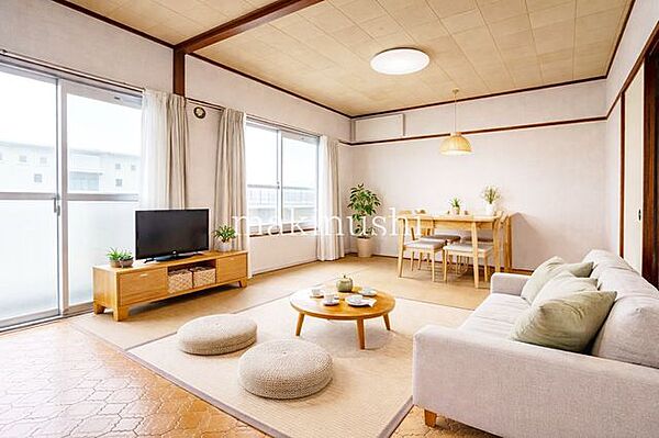 【リビングのAIイメージ写真】AIによる家具設置例のお写真となります。（実際に家具は付いておりません。ご自身のご趣味に合わせてご設置いただきますようお願い申し上げます。参考写真）