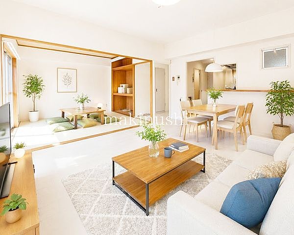 【リビングのAIイメージ写真】AIによる家具設置例のお写真となります。（実際に家具は付いておりません。ご自身のご趣味に合わせてご設置いただきますようお願い申し上げます。参考写真）